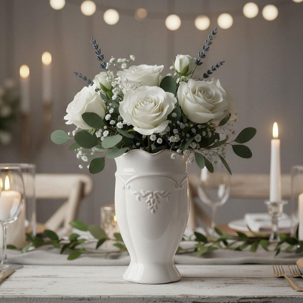 White Ceramic Flower Vase 6.8 Inch Small French Vintage Home Table Decor - Picture 3 of 8